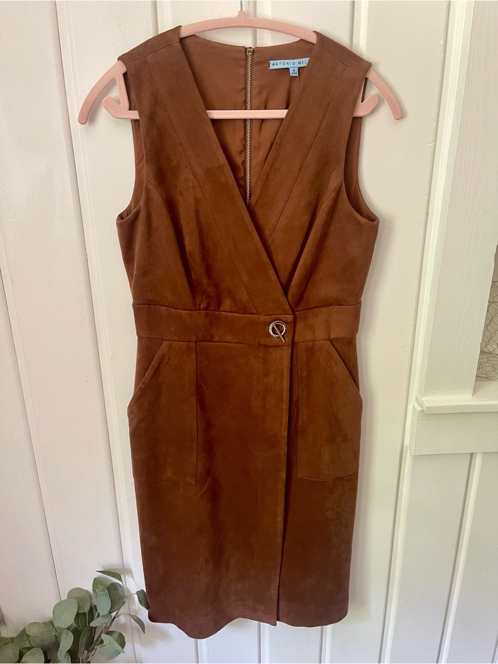 ANTONIO MELANI Brown Faux Suede Wrap Sheath Dress